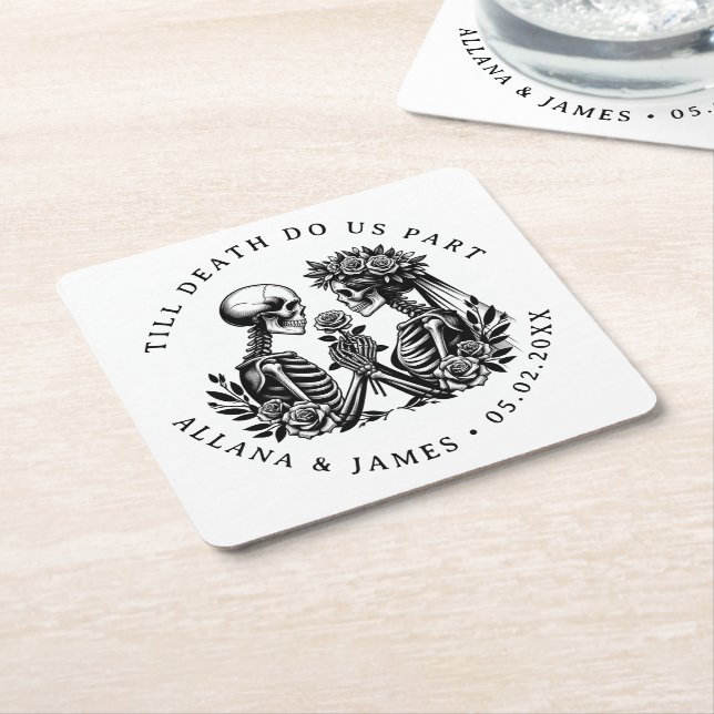 Till Death Do Us Part Gothic Wedding Square Paper Coaster (Angled)