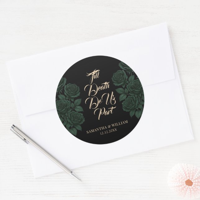 Till Death Do Us Part Green Rose Modern Wedding Classic Round Sticker (Envelope)