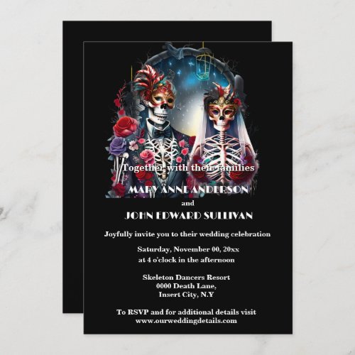 Till death do us part masquerade skeleton couple invitation