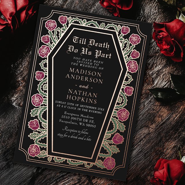 Till Death Do Us Part Rose Black Gothic Wedding Foil Invitation (Creator Uploaded)