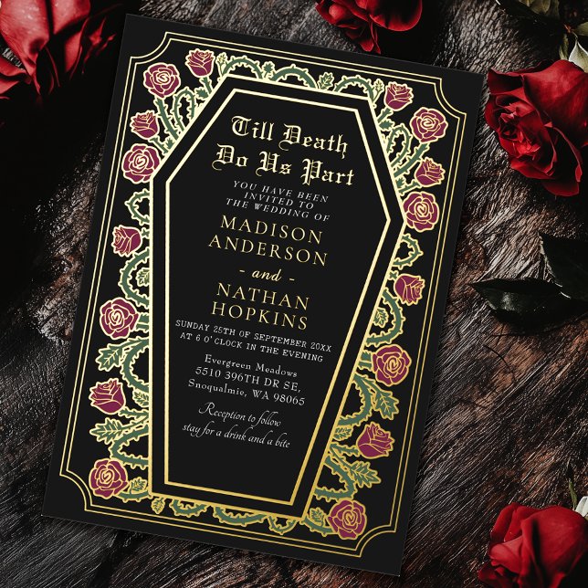 Till Death Do Us Part Rose Black Gothic Wedding Foil Invitation (Creator Uploaded)