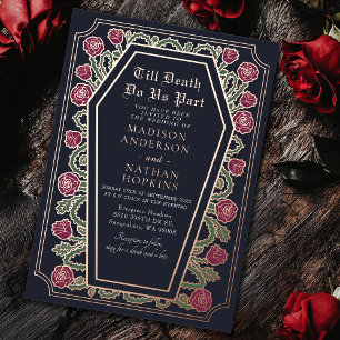 Till Death Do Us Part Rose Blue Gothic Wedding Foil Invitation