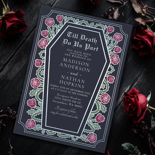 Till Death Do Us Part Rose Blue Gothic Wedding Invitation | Zazzle