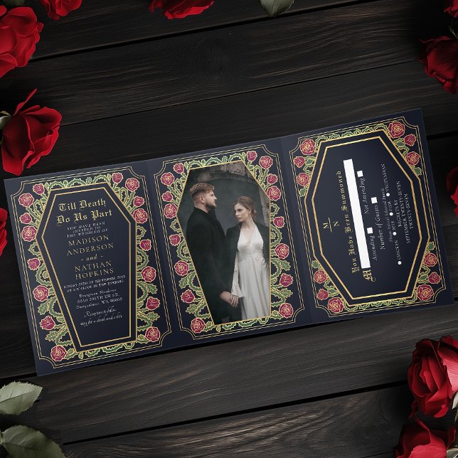 Till Death Do Us Part Rose Blue Gothic Wedding Tri-Fold Invitation (Creator Uploaded)