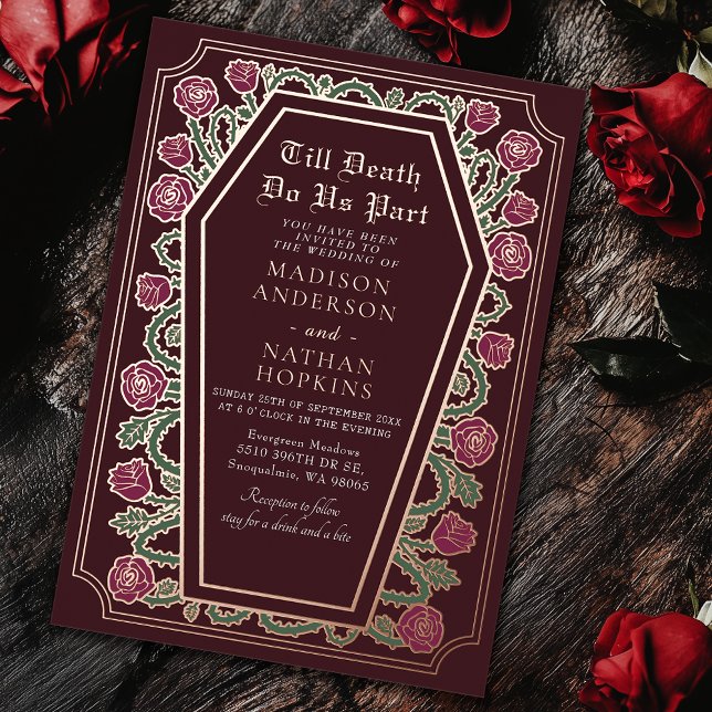 Till Death Do Us Part Rose Red Gothic Wedding Foil Invitation (Creator Uploaded)
