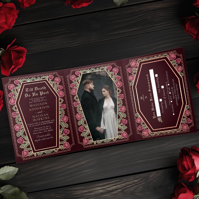Till Death Do Us Part Rose Red Gothic Wedding Tri-Fold Invitation (Creator Uploaded)