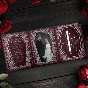 Till Death Do Us Part Rose Red Gothic Wedding Tri-Fold Invitation