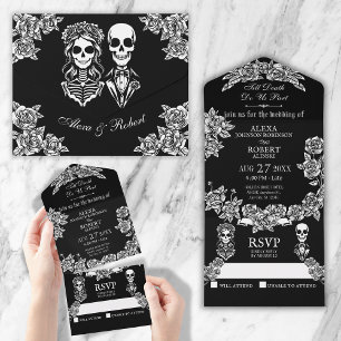 Till death do us part roses skeleton wedding all in one invitation