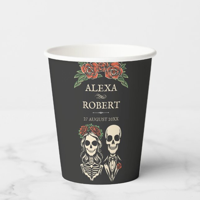 Till death do us part roses skeleton wedding  paper cups (Back)