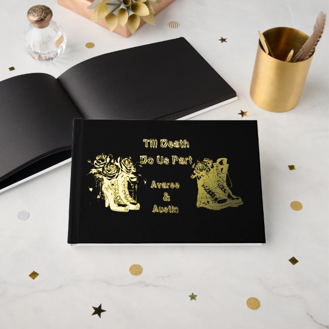 Till Death Do Us Part Shoes Boots Gold Foil Weddin Foil Guest Book (Front Open)