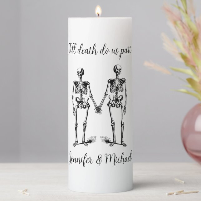 Till death do us part Skeleton Couple Name Black Pillar Candle (In Situ)
