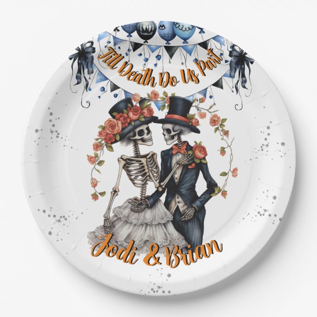 Till Death Do Us Part Skeleton Halloween Wedding Paper Plates (Front)