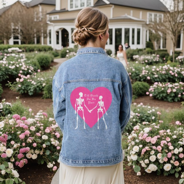 Till Death Do Us Part Skeleton & Pink Heart Denim Jacket (Wedding Back)