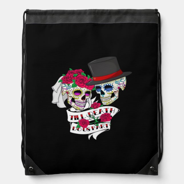 Till Death Do Us Part Skull Drawstring Bag (Front)