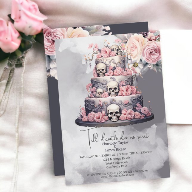 Till death do us part skull wedding cake invitation (Till death do us part skull wedding cake invitations from Ricaso. Perfect for a unique gothic couple)