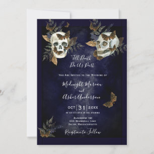 Till Death Do Us Part Skulls Butterflies Navy Blue Invitation