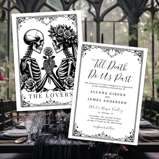 Till Death Do Us Part Tarot Wedding Invitation (Mockup of gothic wedding invitation and tarot card "The Lovers".)