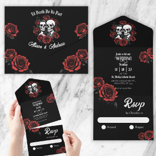 Till death do us part wedding skull couple all in one invitation