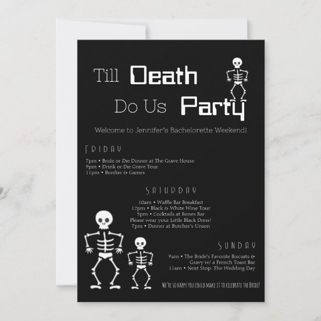 Till Death Do Us Party Bachelorette Itinerary  Invitation (Front)
