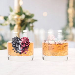 Till Death Do Us Party Skull Red and Black Roses Whiskey Glass
