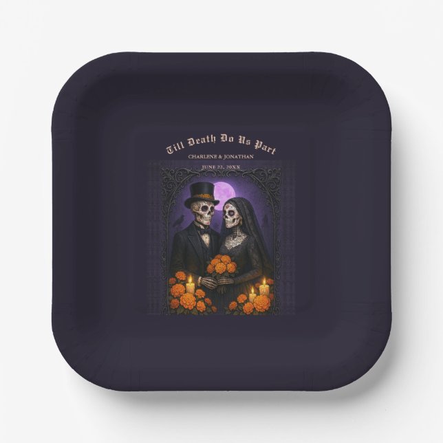 Till Death Do Us Sugar Skull Skeletons Wedding Paper Plates (Front)