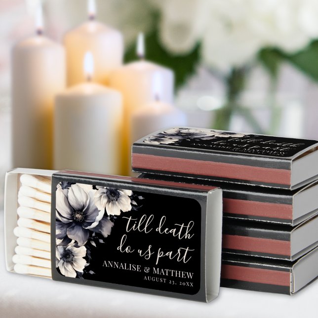 Till Death Floral Black Gothic Wedding Matchboxes (Till Death Do Us Part Floral Gothic Wedding Matchboxes)