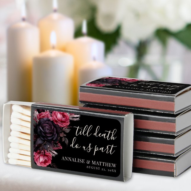 Till Death Floral Gothic Wedding Matchboxes (Till Death Do Us Part Gothic Black Floral Wedding Matchboxes)