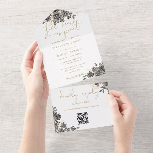 Till Death Gold Gothic Roses QR Code Wedding All In One Invitation
