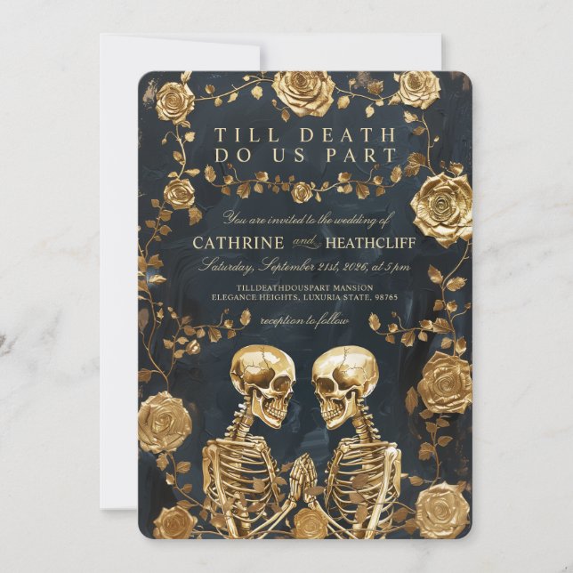 TILL DEATH - GOLD Skeletons and Roses Wedding Invitation (Front)