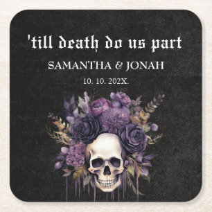 Till death Gothic Floral Skulls Wedding Favor Square Paper Coaster