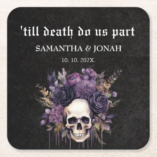 Till death Gothic Floral Skulls Wedding Favor  Square Paper Coaster