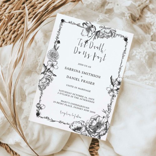 Till Death Gothic Hand drawn Flowers Skull Invitat Invitation