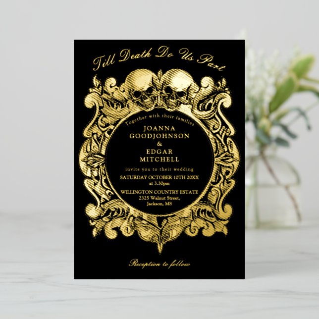 Till Death Gothic Monogram Wedding Black And Gold Foil Invitation (Standing Front)