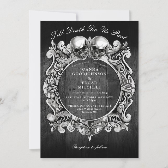 Till Death Gothic Skulls Black Wood Wedding Invitation (Front)