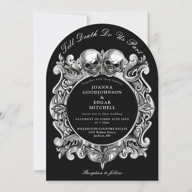 Till Death Gothic Skulls Monogram Arched Wedding Invitation (Front)