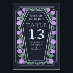 Till Death Lilac Rose Blue Gothic Wedding Table Number<br><div class="desc">Set the scene for eternal romance. This gothic table number card features ‘Till Death Do Us Part’ in a coffin-shaped frame, surrounded by thorns, lilac colored roses, and elegant silver accents. against a deep blue background. The perfect touch for your hauntingly beautiful wedding tablescape! Personalize the text, font, and background...</div>