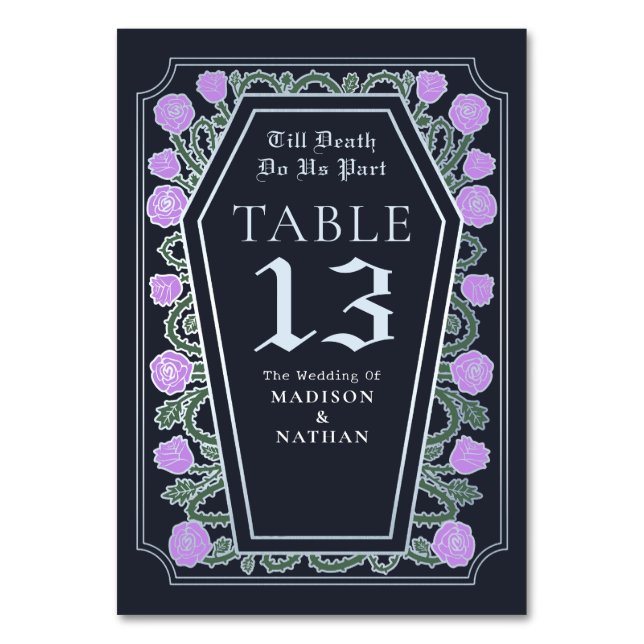 Till Death Lilac Rose Blue Gothic Wedding Table Number (Front)