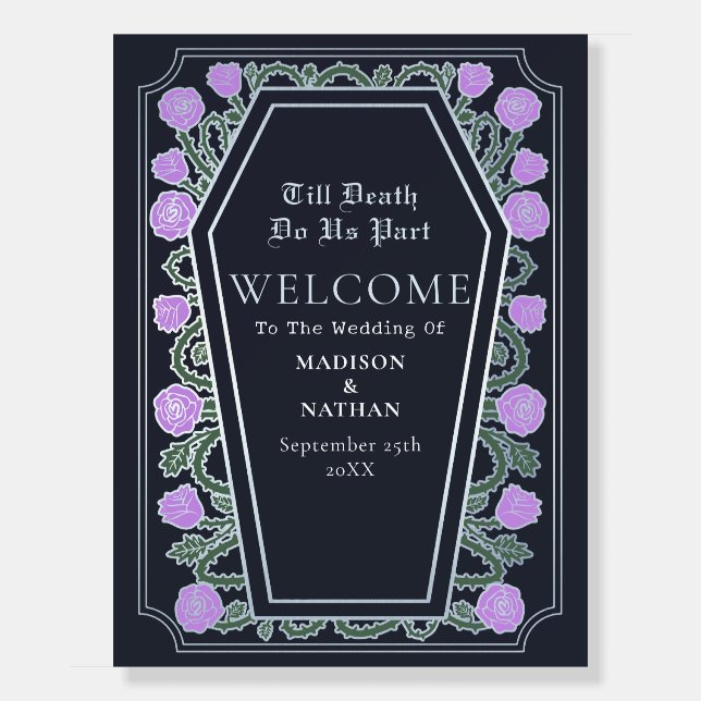 Till Death Lilac Rose Blue Gothic Wedding Welcome Foam Board (Front)