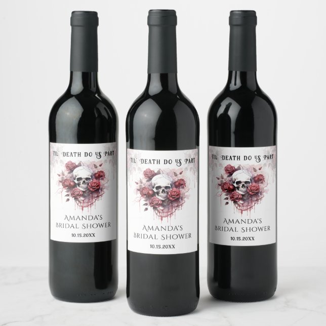 Till Death Rose Skull Gothic Bridal Shower  Wine Label (Bottles)