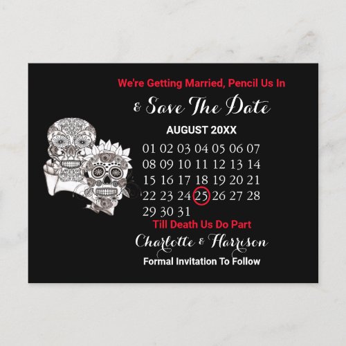 Till Death Us Do Part Skulls Red Black Wedding Announcement Postcard