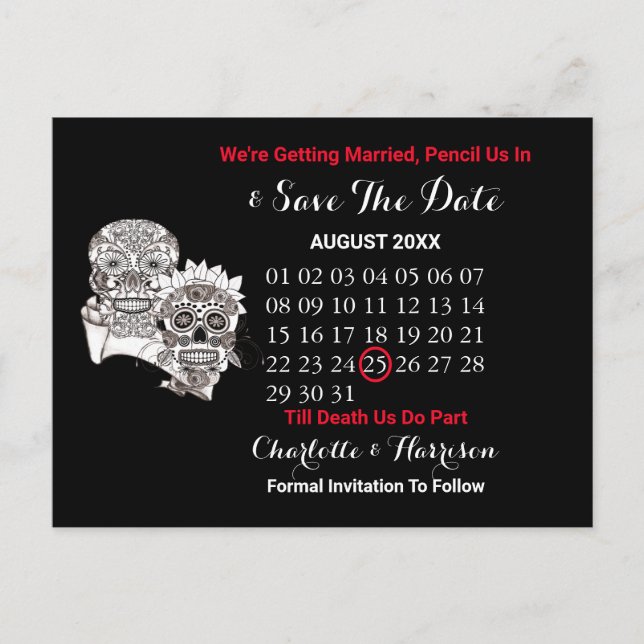 Till Death Us Do Part Skulls Red Black Wedding Announcement Postcard (Front)