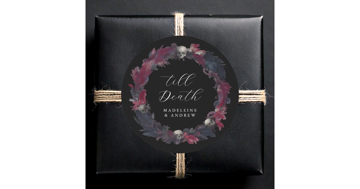 Till Death Vintage Gothic Wedding Skull Feathers Classic Round Sticker ...