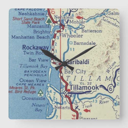 Tillamook County Vintage Map Square Wall Clock