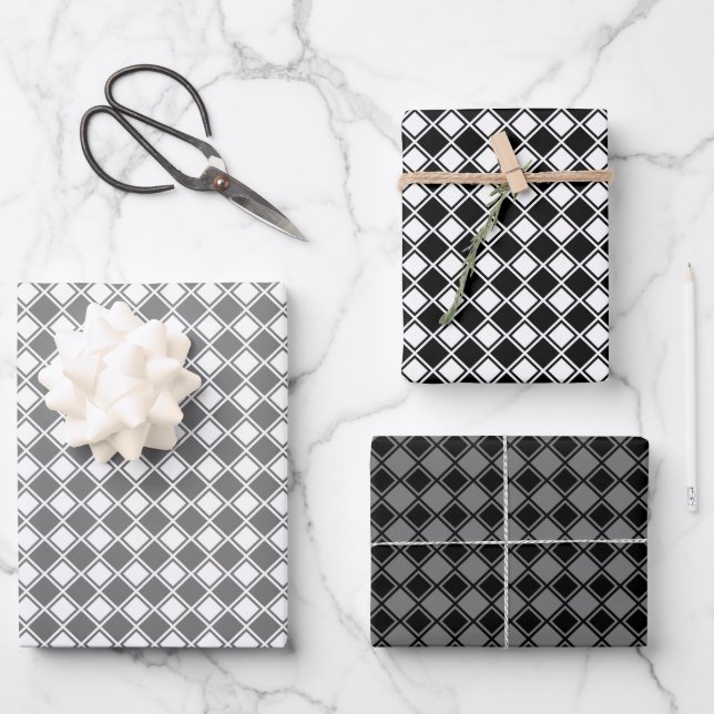 Tilted Checker Grayscale Wrapping Paper Sheets (Front)