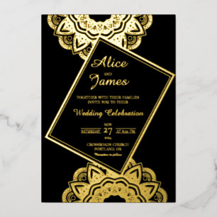Tilted Frame Mandala Black Gold Foil Wedding Invitation