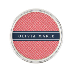 Tilted Watermelon Pink Greek Key Pattern with Name Lapel Pin