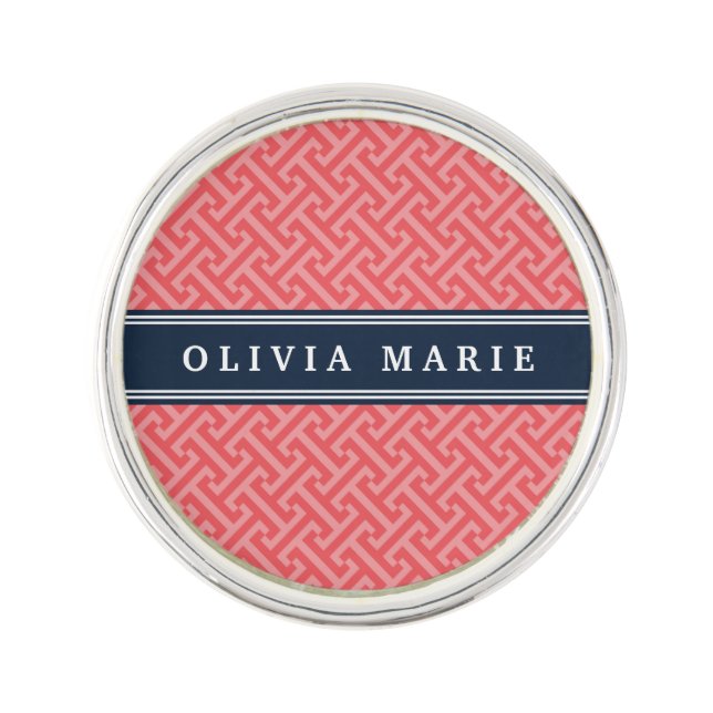 Tilted Watermelon Pink Greek Key Pattern with Name Lapel Pin (Front)