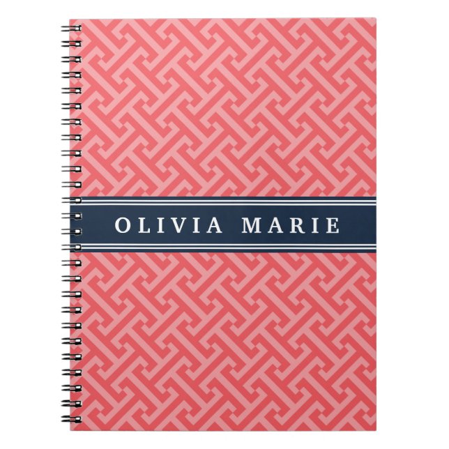 Tilted Watermelon Pink Greek Key Pattern with Name Notebook (Front)