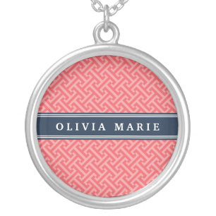 Tilted Watermelon Pink Greek Key Pattern with Name Silver Plated Necklace