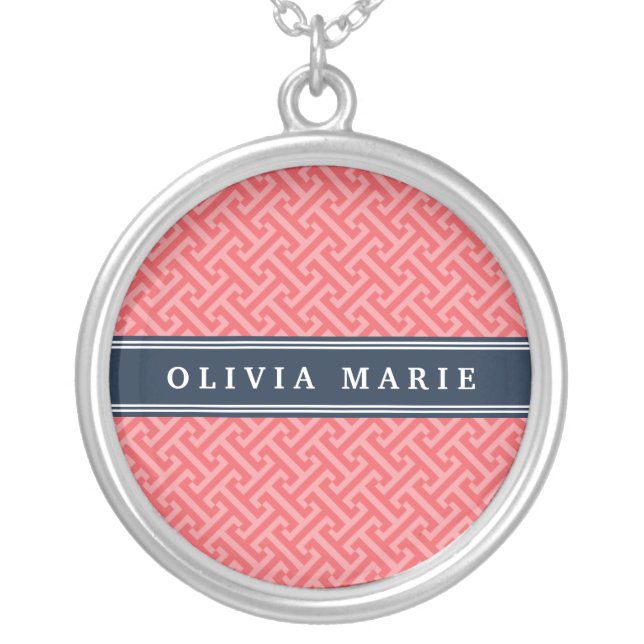 Tilted Watermelon Pink Greek Key Pattern with Name Silver Plated Necklace (Front)